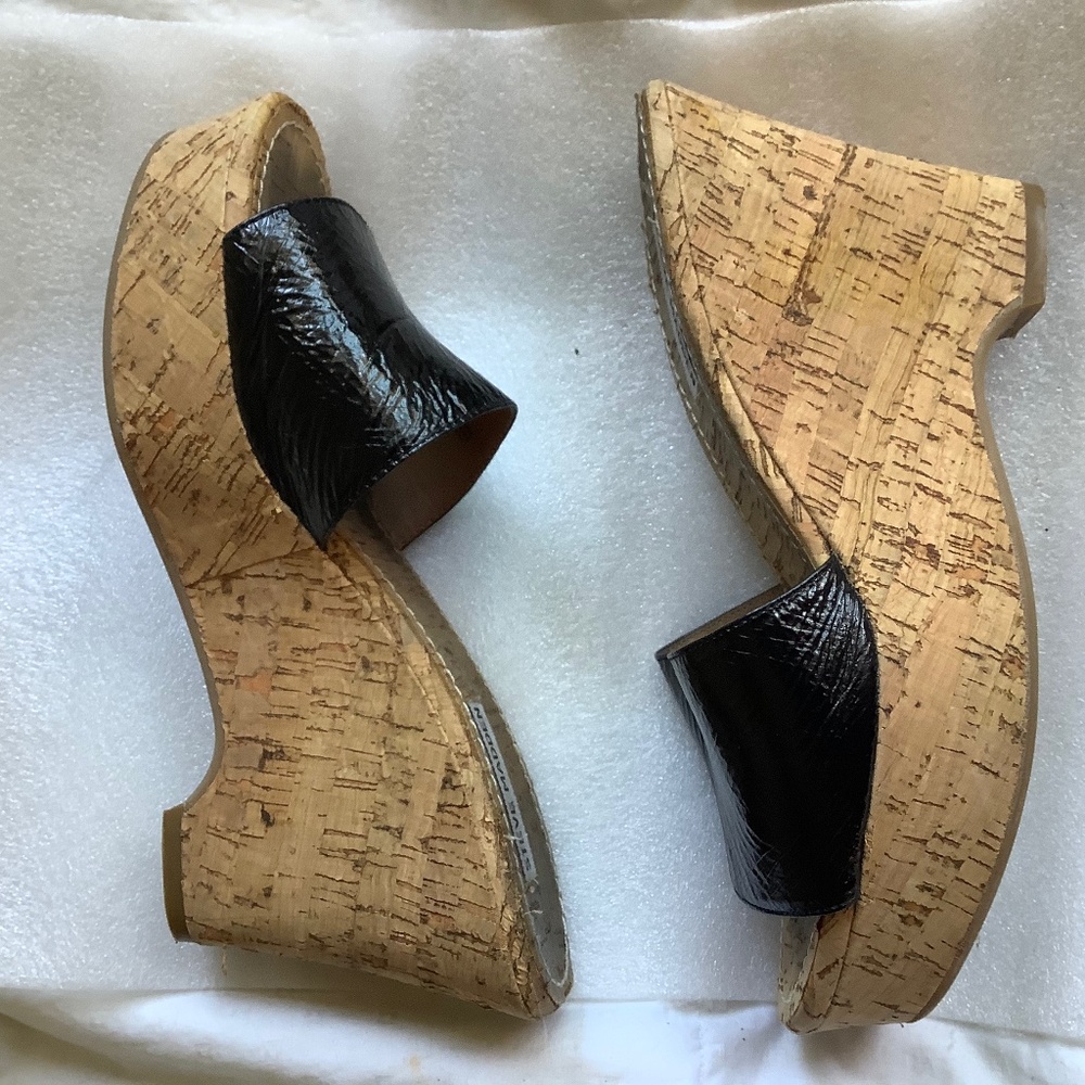 Black patent leather wedges